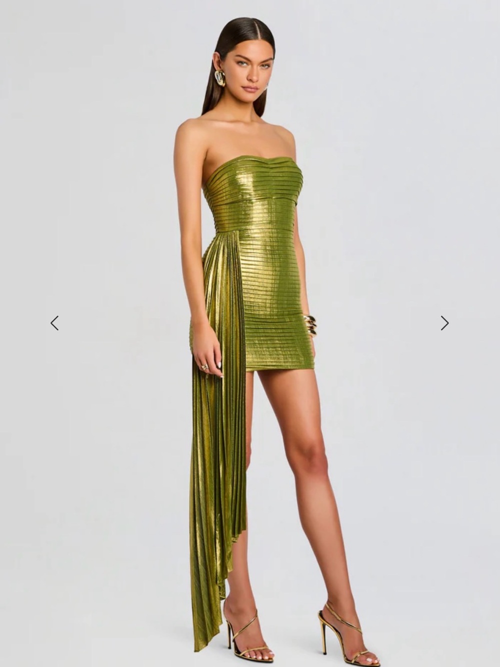 Marcy Dress. Retrofete Metallic Peridot Strapless Dress with Draped Sash - Picture 3 of 5